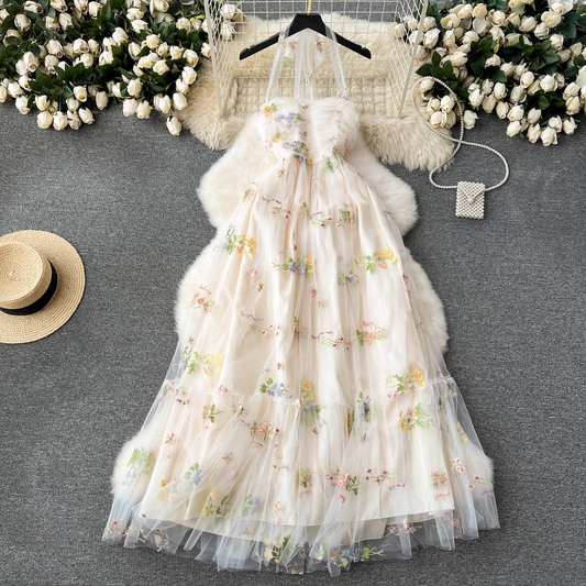 Embroidered mesh dress sexy tube long halter neck suspender dress for women YM1130