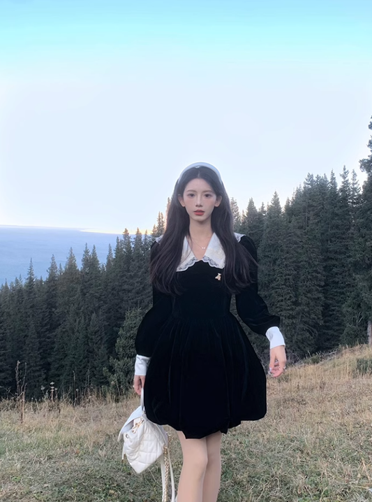 Long Sleeve Velvet Waist Slim Dress For Women Black Princess Mini Dress YM1743