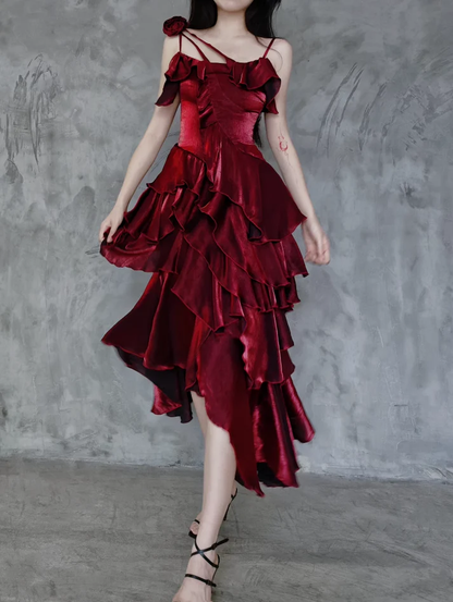 Irregular Ruffled Suspender Prom Dress Burgundy Long Birthday Dress YM1630