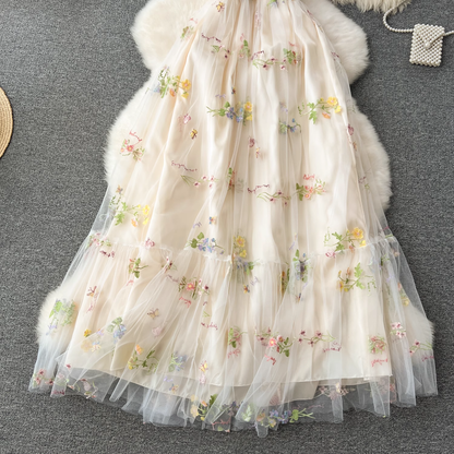 Embroidered mesh dress sexy tube long halter neck suspender dress for women YM1130
