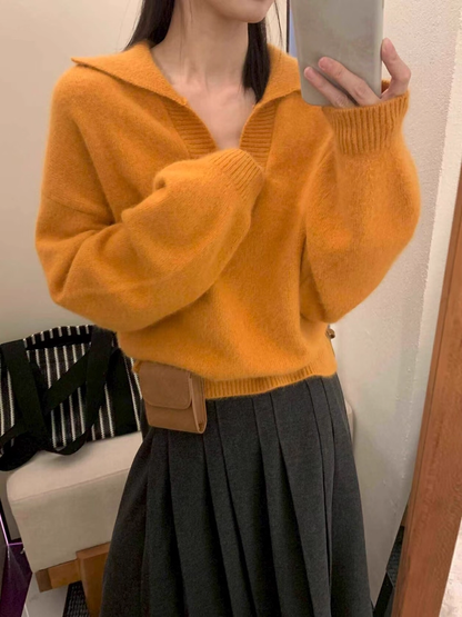 Green V-Neck Sweater With Thick Collar Knit Sweater YM2407