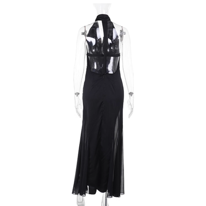 Elegant Halter Neck Black Long Birthday Dress Backless Holiday Dress YM2230