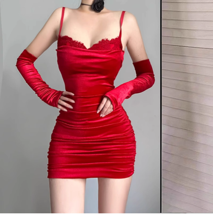 Sexy Red Spaghetti Strap Velvet Sheath Cocktail Dress Birthday Outfits YM2195