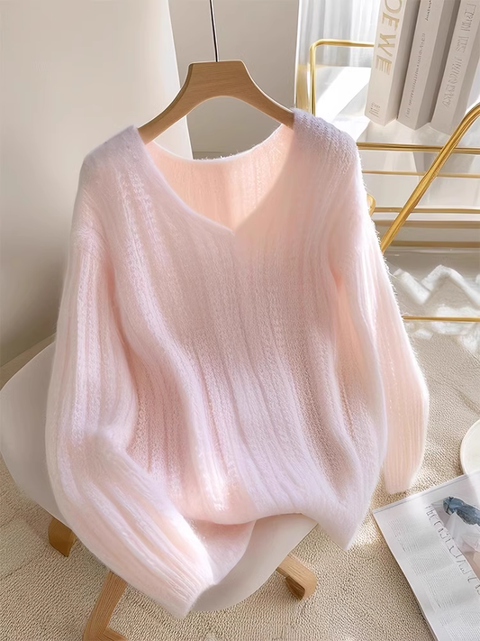Pink V-neck loose knit sweater for women new style YM1895