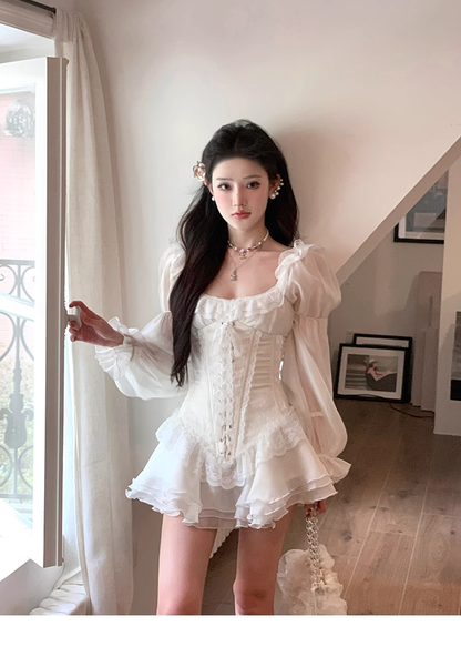 White Tulle Lace Prom Princess Dress With Puff Sleeves YM1976