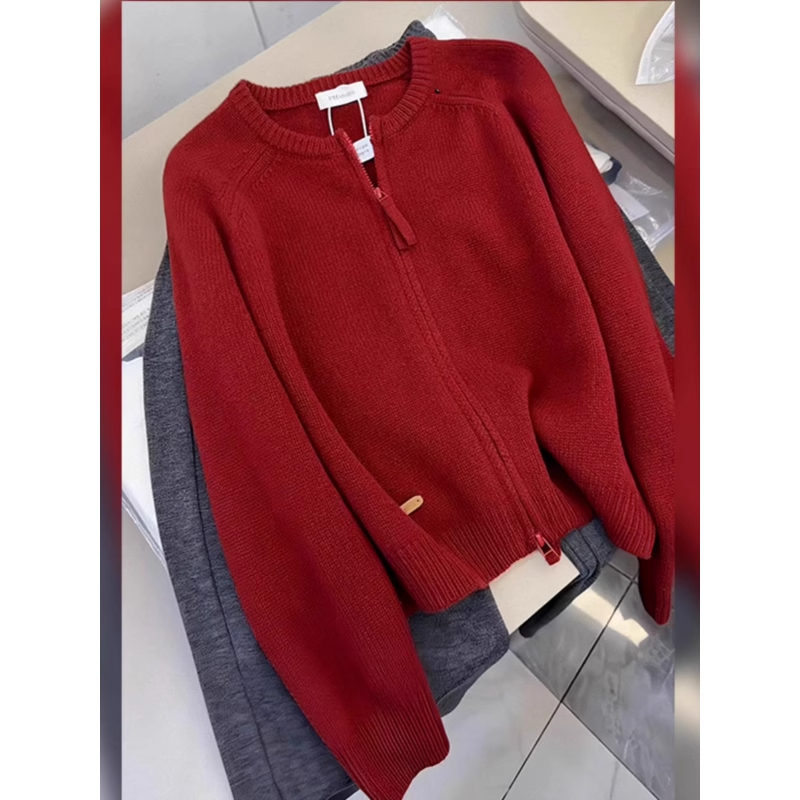 Unique Chic Red Double Zip Knitted Cardigan Sweater YM1844