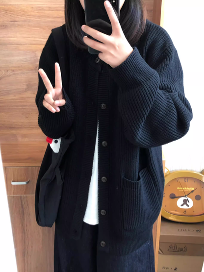 Black Retro Loose All-match Sweater Thickened Knitted Cardigan YM2392