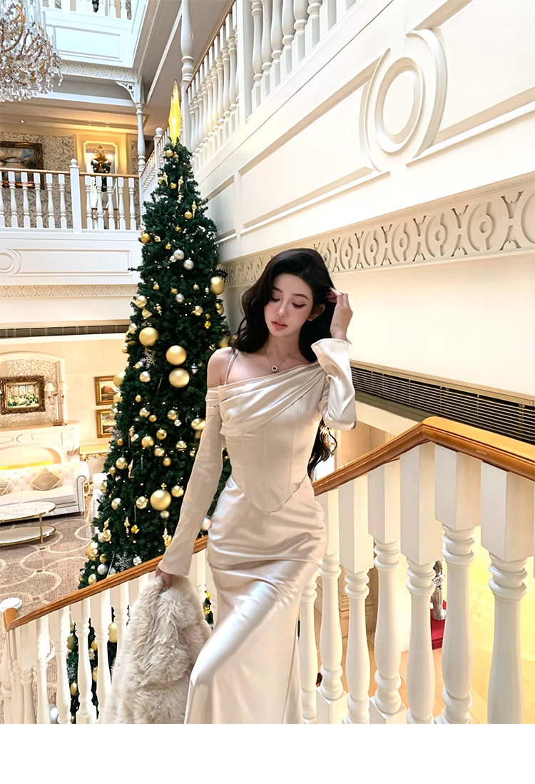 One Shoulder Long Sleeves Sexy Mermaid Evening Dress Party Dress YM1990