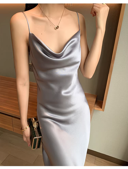 Elegant Silver Gray Spaghetti Straps Satin Long Party Dress Birthday Dresses YM2439