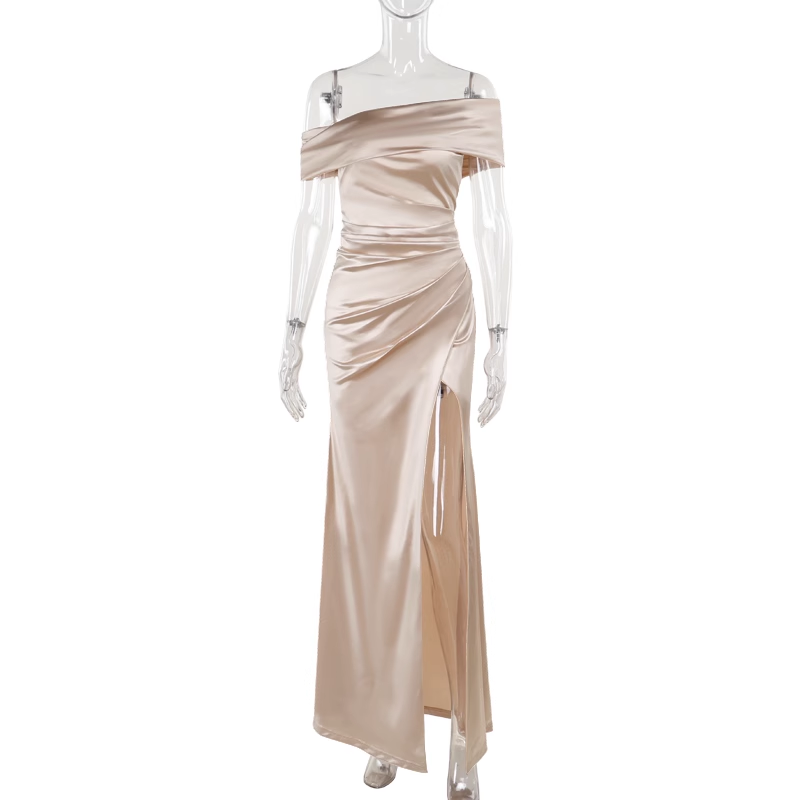 Classy Champagne Off The Shoulder Birthday Party Dress Satin Slit Long Holiday Dress YM2233