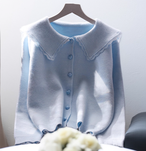 Pink Lace Doll Collar Short Sweater Jacket New Japanese Style Sweet Knitted Sweater YM2383