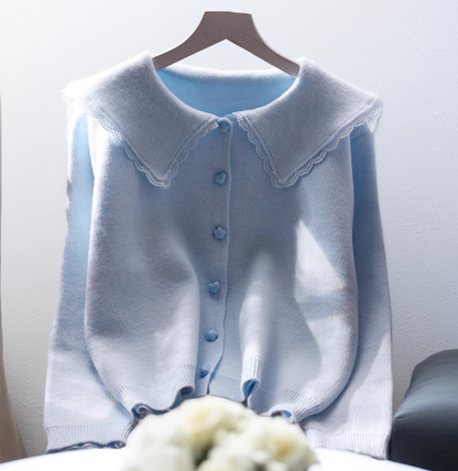 Pink Lace Doll Collar Short Sweater Jacket New Japanese Style Sweet Knitted Sweater YM2383