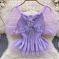 women's square collar mesh puff sleeve blouses,YM118