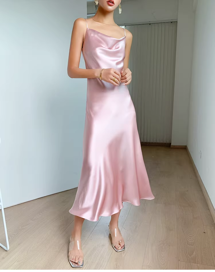 Simple Pink Spaghetti Straps Satin Long Holiday Dress Birthday Dress YM2434