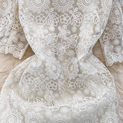 Bubble Short Sleeve Round Neck Embroidered Lace Dress YM285