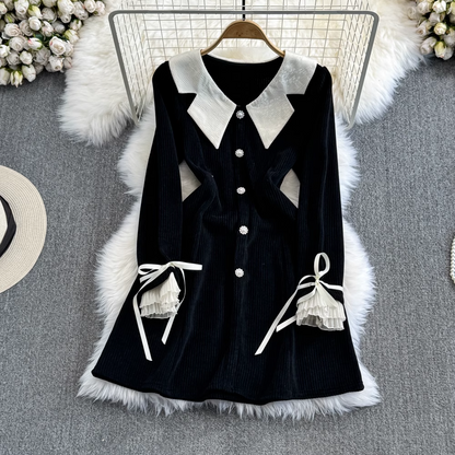 Contrast color doll collar a-line corduroy dress YM910