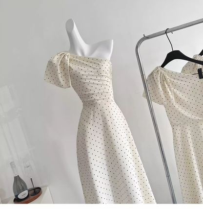 French Off-shoulder Design High-end White Polka Dot Temperament Long Dress YM2094