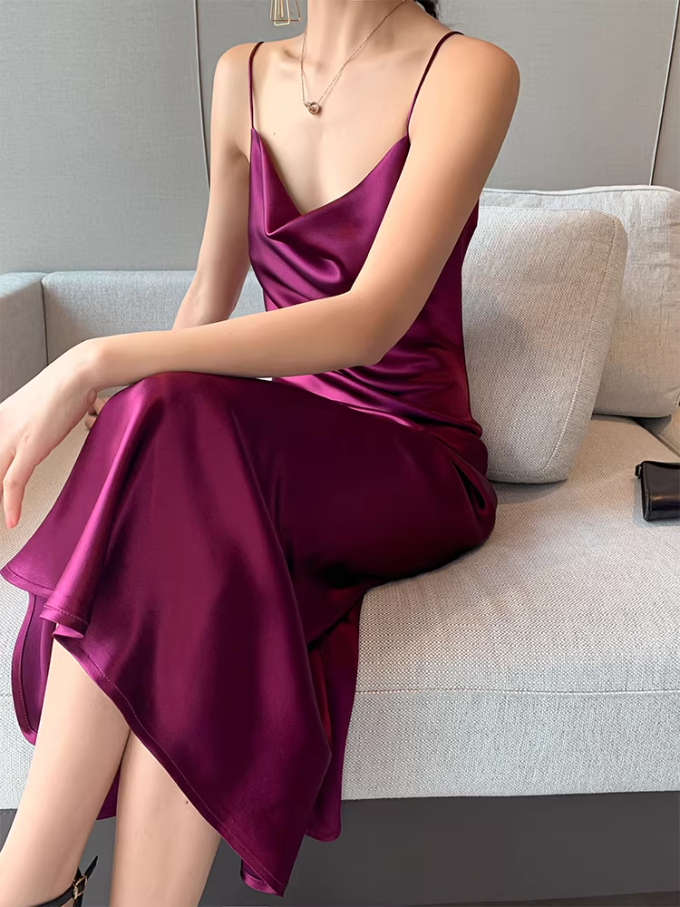 Pretty Purple Spaghetti Straps Satin Long Birthday Party Dress YM2441