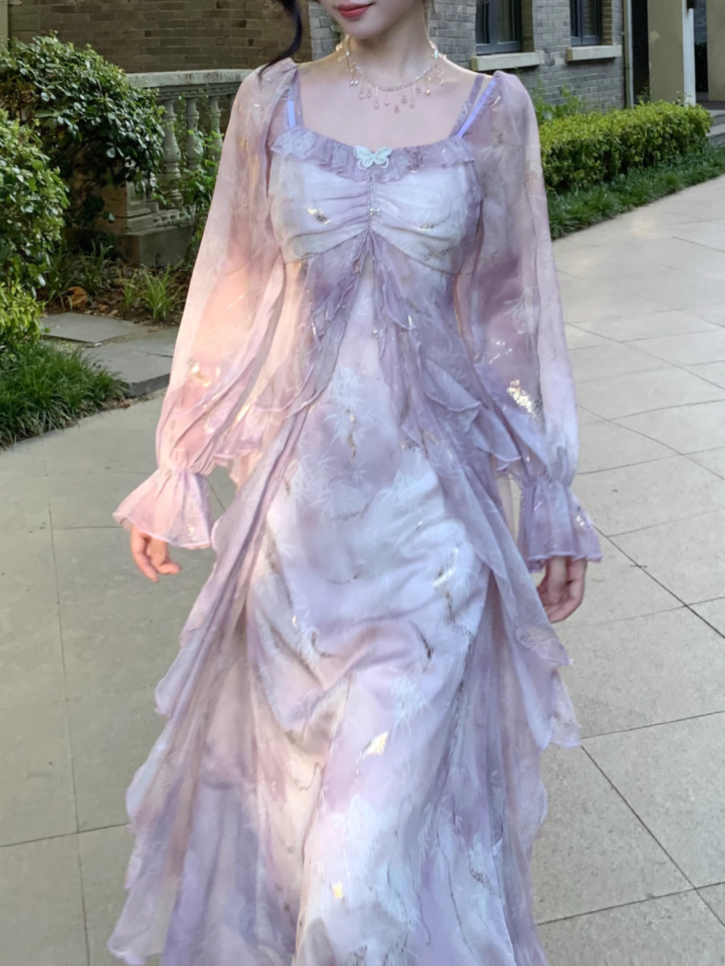 Purple Fairy-Like Ruffle Long-Sleeve Prom Dress Off The Shoulder Party Dress YM2043