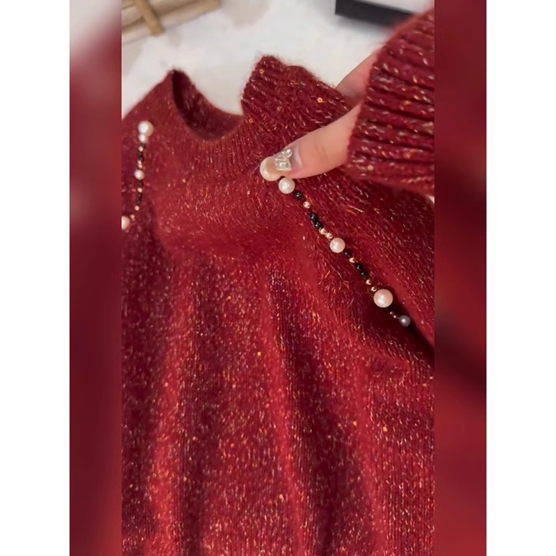 Red pearl sweater new style knitted sweater YM1904
