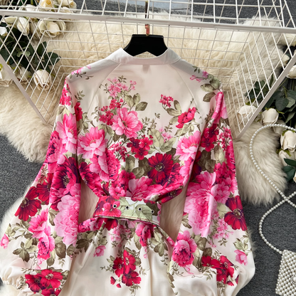 Printed long French puff sleeve elegant dress YM1142