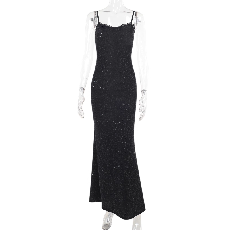 Vintage Black Spaghetti Straps Sheath Long Party Dress Birthday Dress YM2252