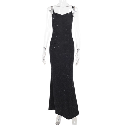 Vintage Black Spaghetti Straps Sheath Long Party Dress Birthday Dress YM2252