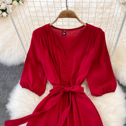 chic retro solid color ruffled mid-length square neck dress ,YM210