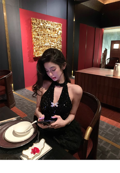 Halter V Neck Black Sequins Backless Party Dress Sexy Birthday Outfits YM1981