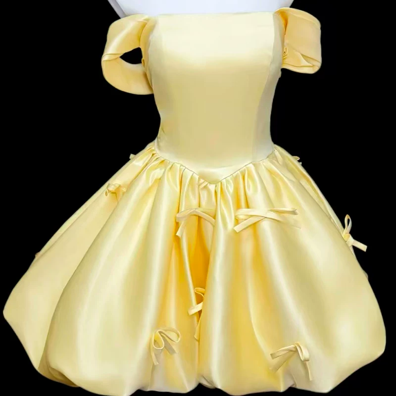 Cute Yellow Off The Shoulder Satin A Line Short Birthday Dress Vacation Dress YM2458