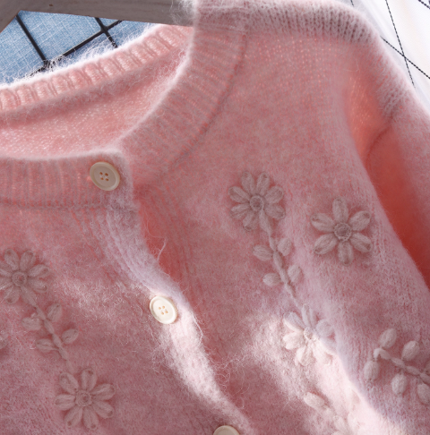 Pink Round Neck Sweater Jacket Sweet Outer Long-Sleeved Knitted Cardigan YM2382