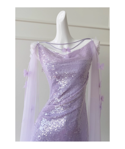 Sparkling Long Spaghetti Straps Purple Sequin Tulle Evening Dress Birthday Party Dress YM2119