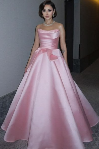 Stunning Pink Silky Satin Strapless A-Line Long Prom Dress Birthday Dress YM2575