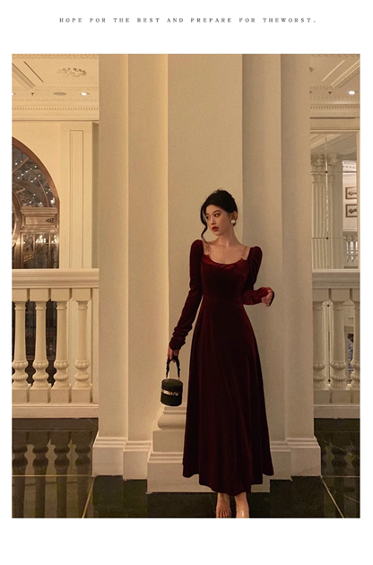 Red Velvet Dress Vintage Long Prom Dress YM1663
