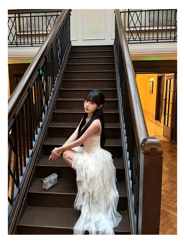French Prom Dress White Birthday Tulle Trailing Princess Party Dress YM1634