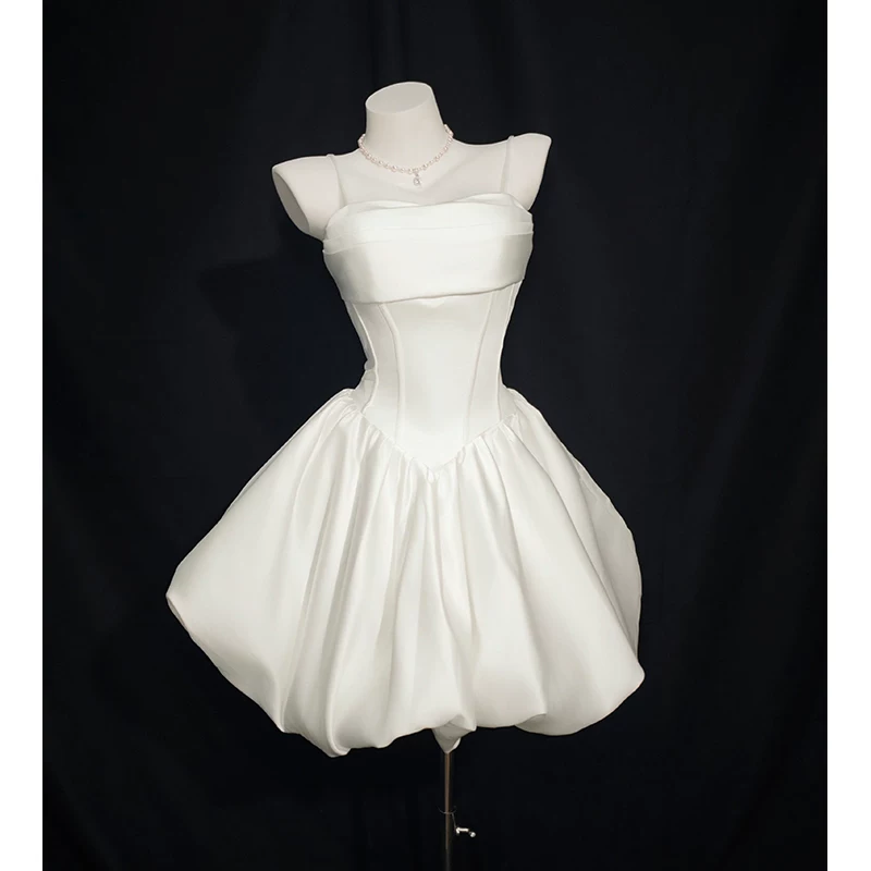 Classy White Spaghetti Straps Satin Short Birthday Dress YM2457