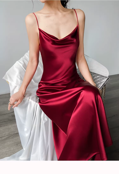 Burgundy Spaghetti Straps Satin Long Birthday Party Dress YM2442