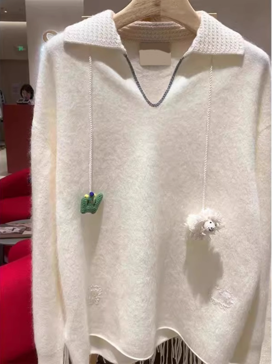 White Korean Retro Loose Sweater YM1854