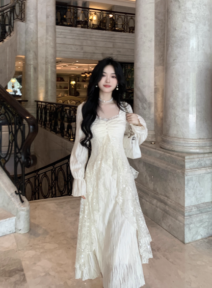 High-End And Gentle Style Lace Sequins Ruffled White Moonlight Prom Dress Apricot Party Dress YM2037
