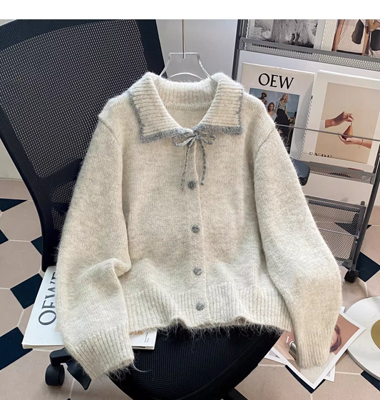 Cute Beige Sweater Cardigan With Bow YM2451