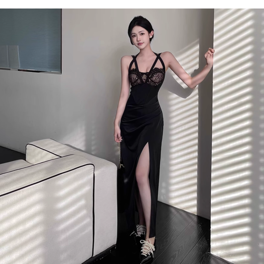 Sexy Black Lace Slit Party Gown,Birthday Outfits YM2019