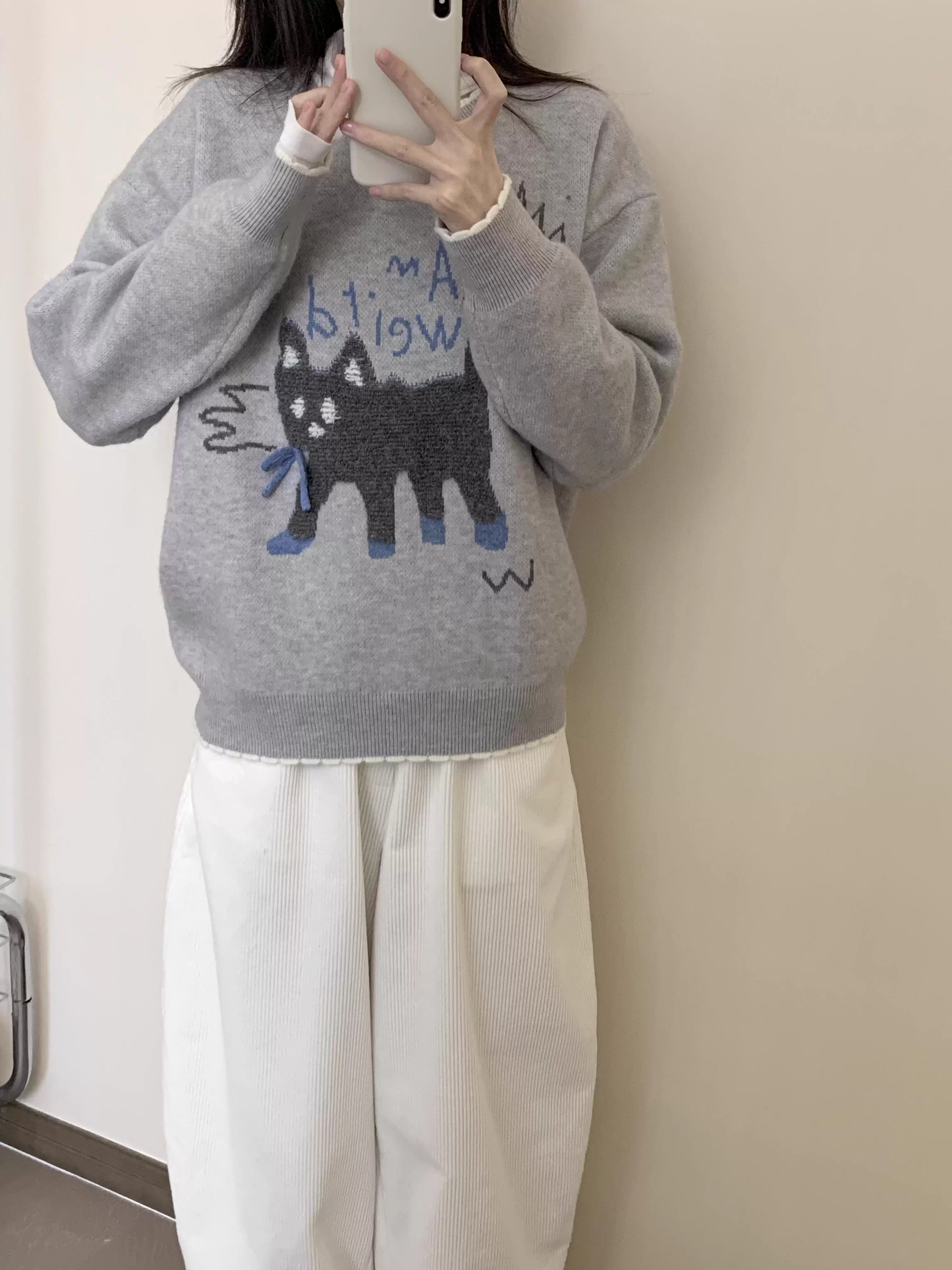 Kitten Jacquard Pullover Knitted Cardigan Gray Cute Autumn Sweater YM2397