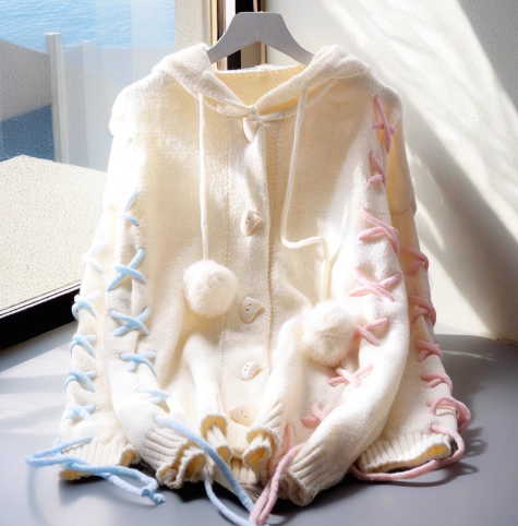 Cute Blue Hooded Sweater Jacket Autumn And Winter New Sweet Mid-length Knitted Cardigan YM2367
