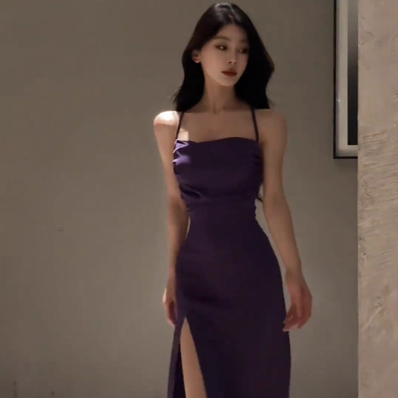 Sexy Purple Satin Straps Slit Formal Birthday Dress Long Holiday Dress YM2273