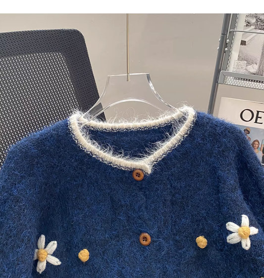 Retro Embroidered Cardigan Blue Knit Sweater YM2445