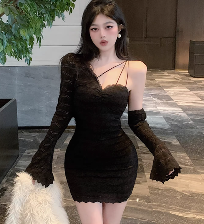Sexy One Shoulder Black Lace Short Holiday Dress Women Dress YM2339