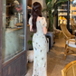 Women's summer retro butterfly print puff sleeve dress YM1186