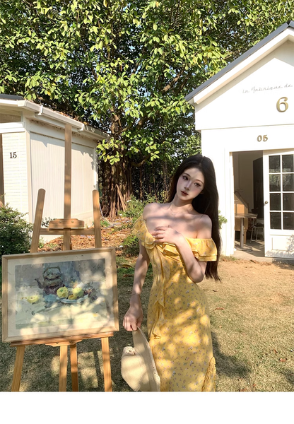 Pretty Off The Shoulder Chiffon Floral Ruffles Party Dress,Yellow Prom Dress YM1987