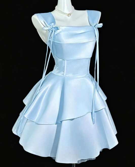 Blue Satin A Line Short Birthday Dress Vacation Dress YM2456