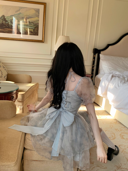 Sweet Green Princess Organza Splicing Tie Waist Printed Puffy Prom Dress Birthday Party Dress YM2047